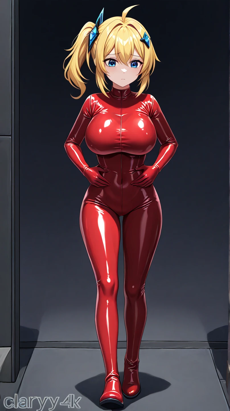 (Masterpiece, plain background:1.2) 1sologirl standing straightforward symmetrical wearing only red tight leather latex outfit and high heels 👠, Selvaria Bles