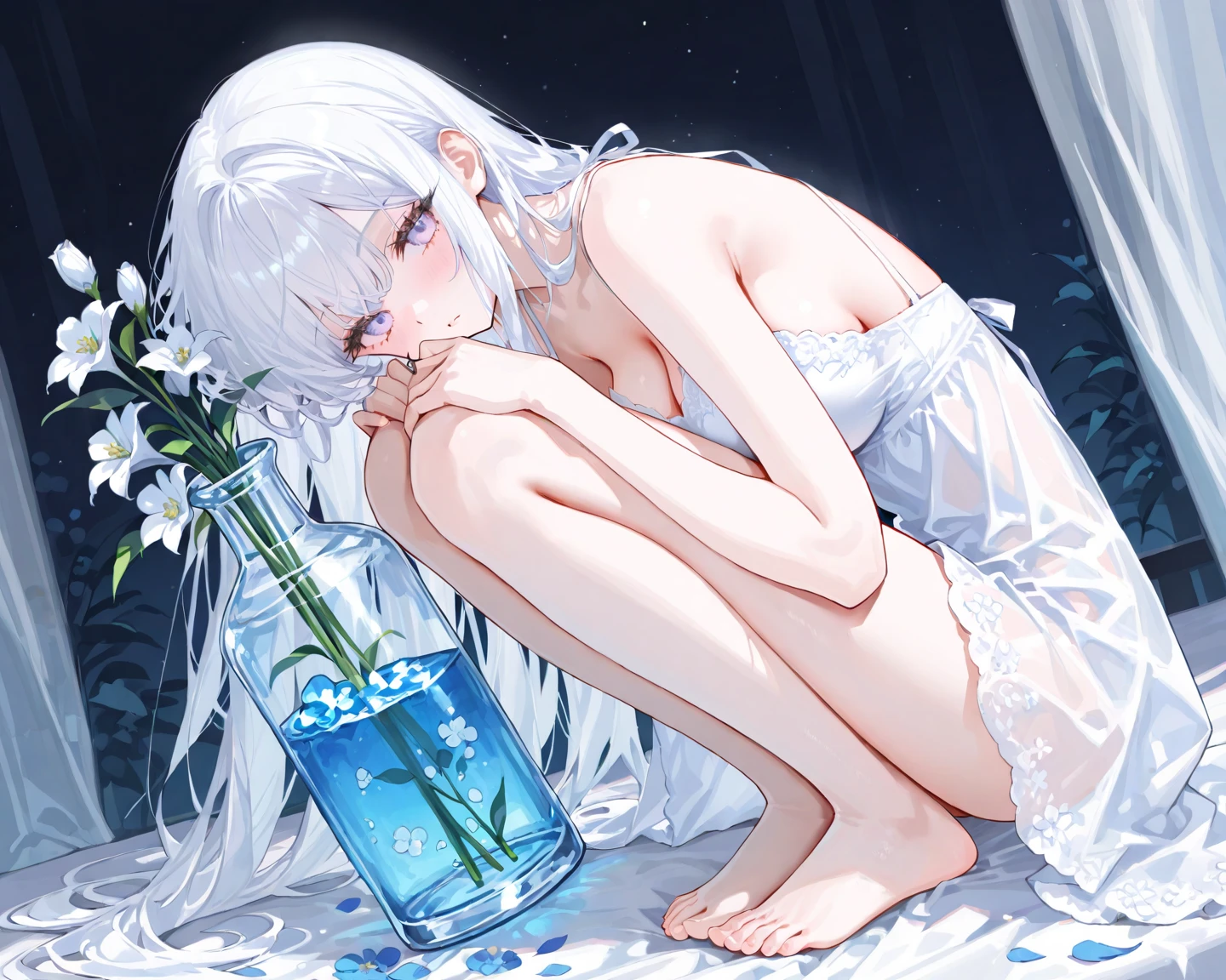 (masterpiece),(best quality),very aesthetic,(ultra-detailed),(illustration),(degenerate),nsfw,1girl,16yo,slender,long hair,silver hair,straight hair,(blunt bangs),dark blue alluring eyes,comfortable,smirk,fusion of golden honey and elegant lace panties,fusion of golden honey and elegant lace negligee,bare legs,honey,Honey Dipper,Jar of honey,looking at jar of honey,ecstasy,happy,inroom,couch,reclining,on couch,night sky,Lascivious atmosphere,fantasic atmosphere,moonlight,Moonlight through the window,forest landscape,backlighting,(darkness room),Lace curtains flutter in the wind,Old furnishings,dusty room,cowboy shot