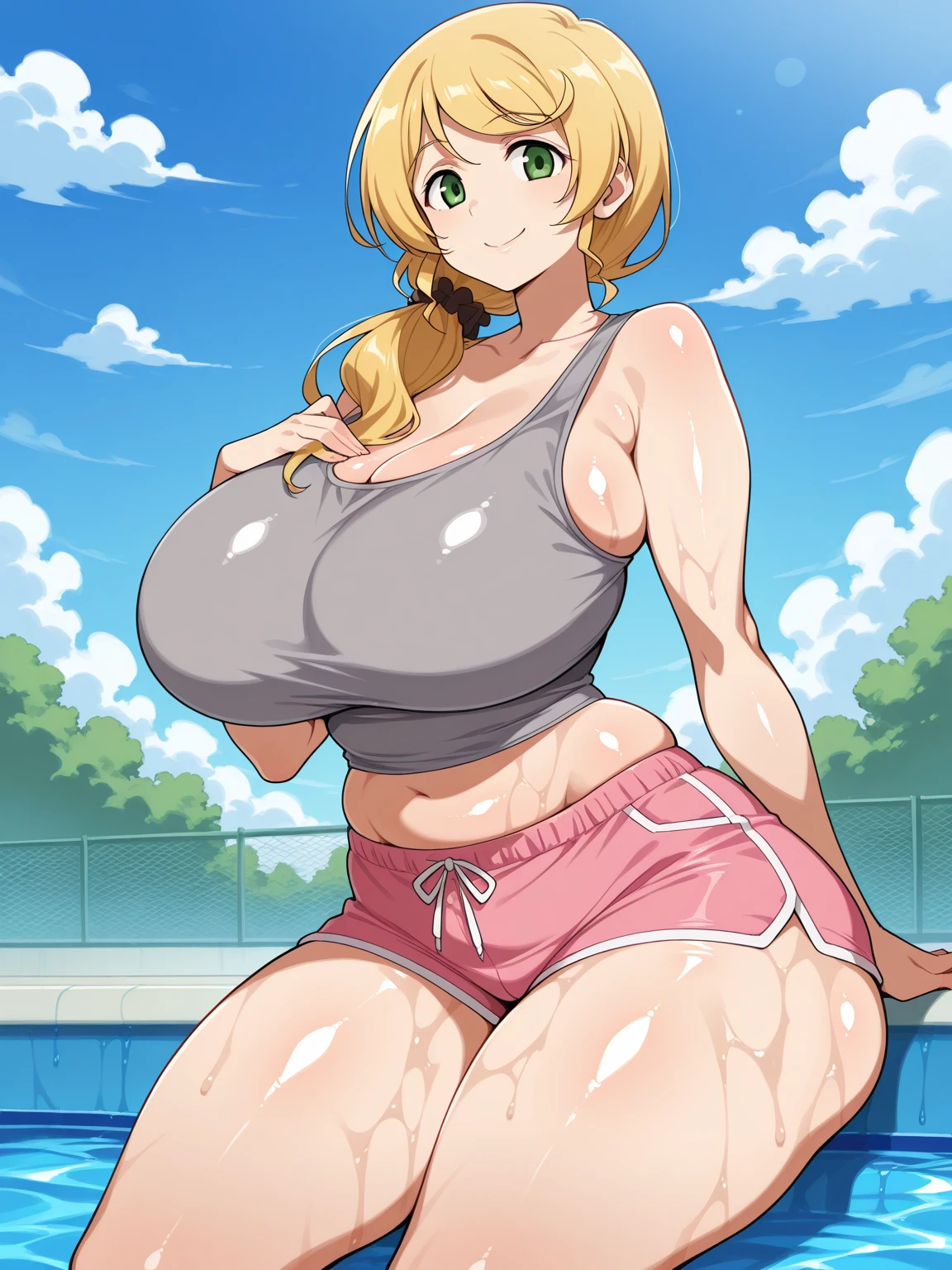 Anime style, Narusawaryōka, Best Quality, High resolution, 1 Waman, maturefemale, A MILF, Curve, Happy smile, (huge-breasted:1.4), The bikini, Outdoors, swimming pools,heavy breasts
