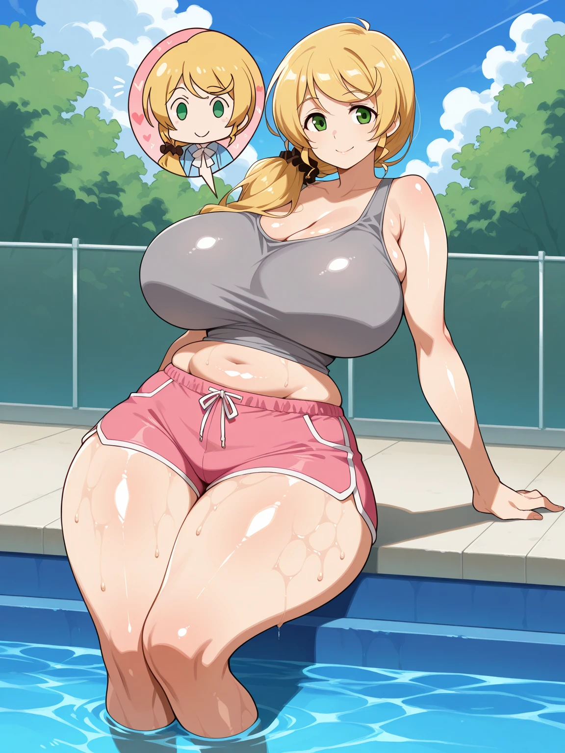 ((highres)), Masterpiece, high quality, best quality, beautiful, perfect lighting, detailed face, ultra cute face, ((2girls)), ((blush)), one girl has blonde hair, blue eyes, side tie bikini, one girl has orange hair, green eyes, one piece bathing suit ,tight clothes, indoor pool, medium breasts, cleavage, perky breasts, ((wide hips)), (thick thighs), (pudgy), standing next to each other, belly grab, sexually suggestive