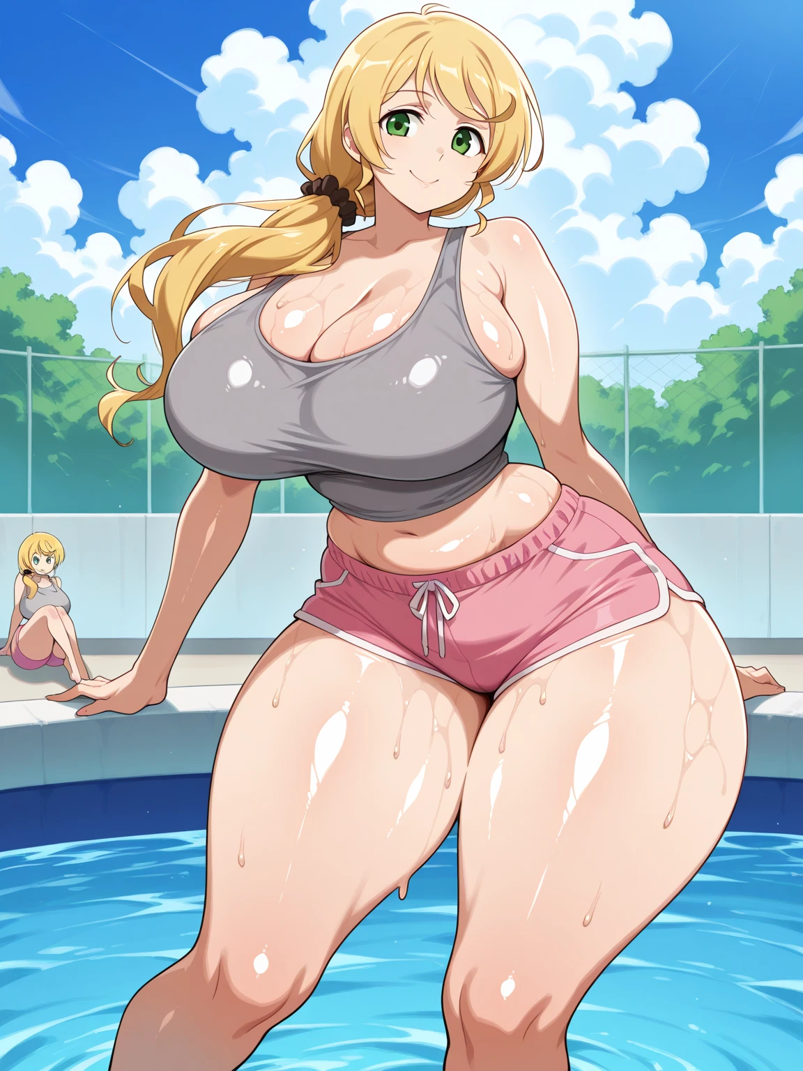 high resolution, dragon ball z art style, Android 18, 1 girl, ((bimbo))), short blonde hair, Blue eyes, swollen lips, Painted lips, thick lips, cara sexy, Wide hips, thick thighs, round false breasts, huge ass, shiny skin, brazilian butt lift, Rosa bikini, looking back, Pool, ass posing,having sex with a dildo