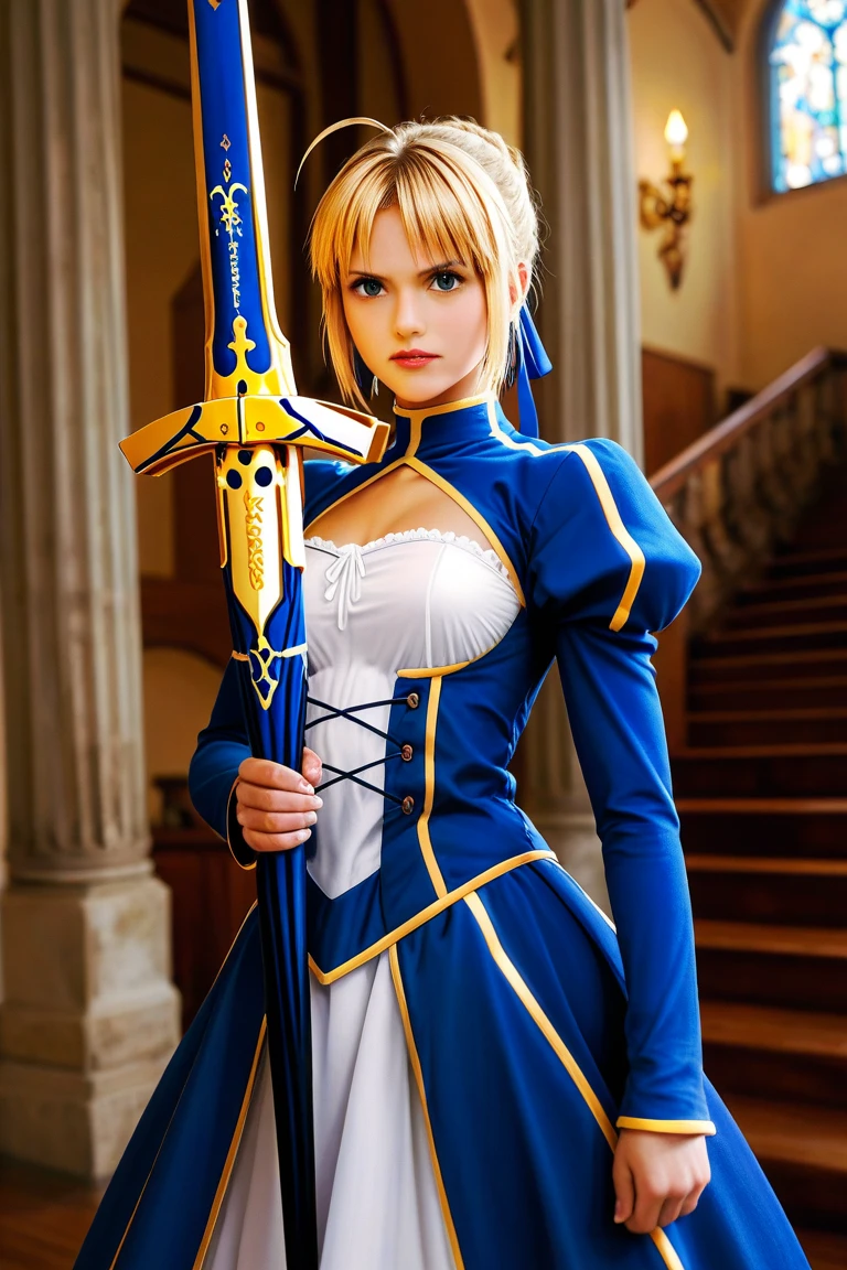 (best quality), ultra high res, (realistic, photorealistic:1.4), (1girl), artoria_pendragon_\(fate\), saber, armor, blonde_hair, gauntlets, green_eyes, hair_ribbon, armored_dress,ahoge, blue_dress, hero, ancient building, (professional lighting, physical rendering:1.2), <lora:koreanDollLikeness_v10:0.15>, <lora:fateArtoriaPendragon_apV1:0.4>