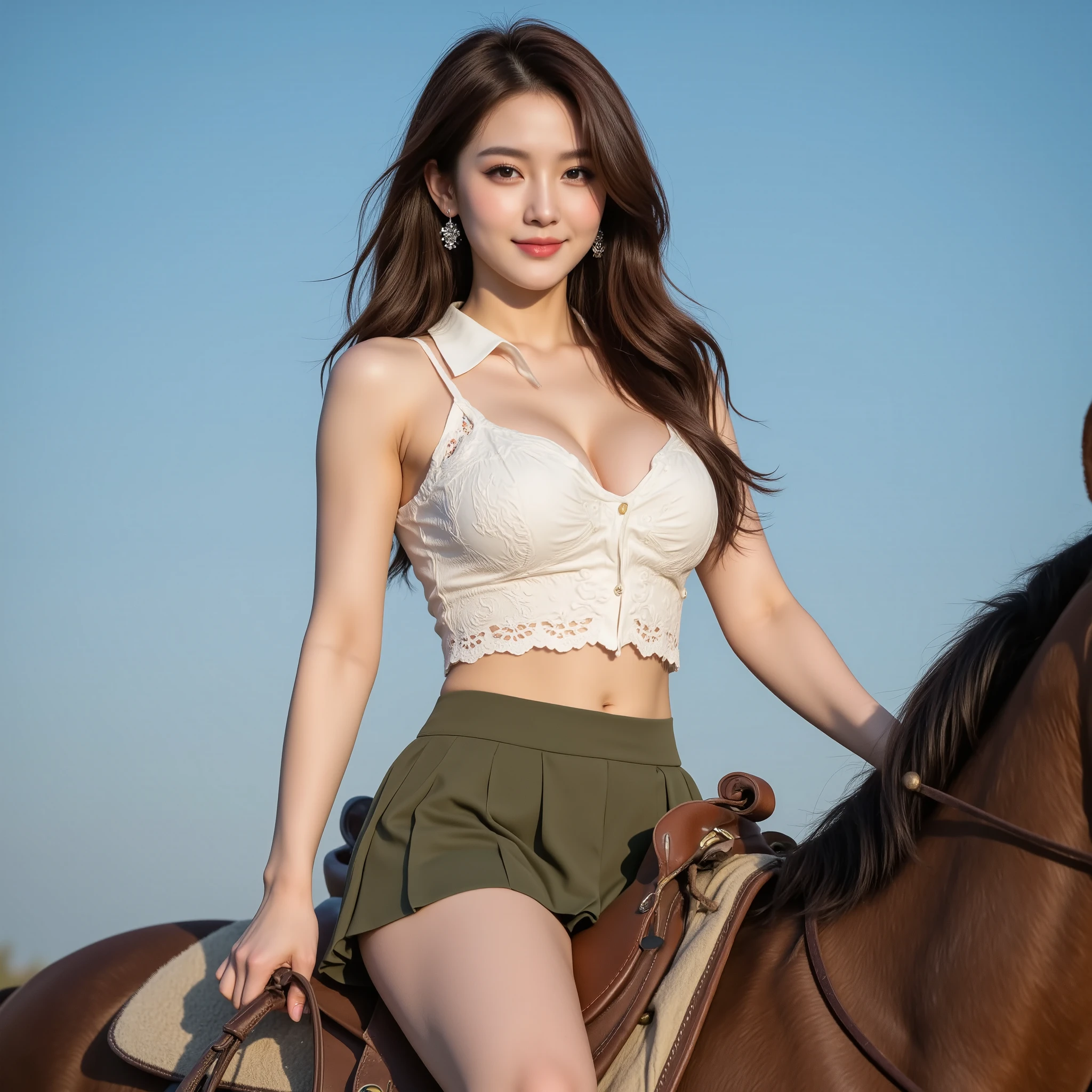 (horse:1.3), pants, cowboy shot, 1girl, blonde hair, long hair, green eyes, solo, ahoge,midriff, boots, smile, navel,belt, cleavage, BREAK,