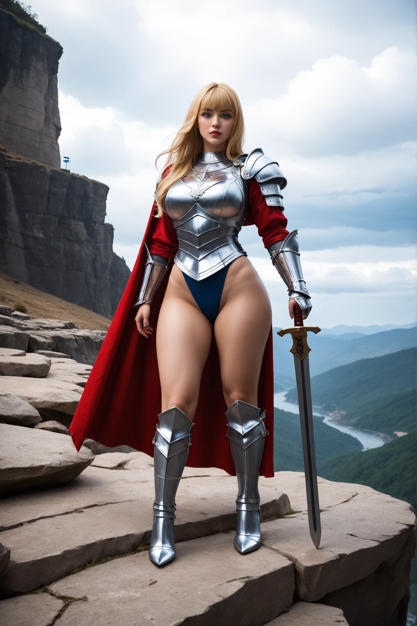 1girl, (Blue Eyes), (smiling :1.2), (Sana Minatozaki), wide hips, Big tits, big ass, (Best Quality, 8k, Masterpiece: 1.3), Clear Focus: 1.2, Perfect Body Beauty: 1.4, strong abs, Highly detailed face and skin texture, detailed eyes, double eyelids, (fitness body :1.3), muscle body :1.2, (blond long hair :1.1), skyrim, armor, shoulder armor, shoulder pads of steel, elbow pads of steel, greaves of steel, (red silk cape :1.2), standing, dynamic pose, in a pine forest, mountains in the background
