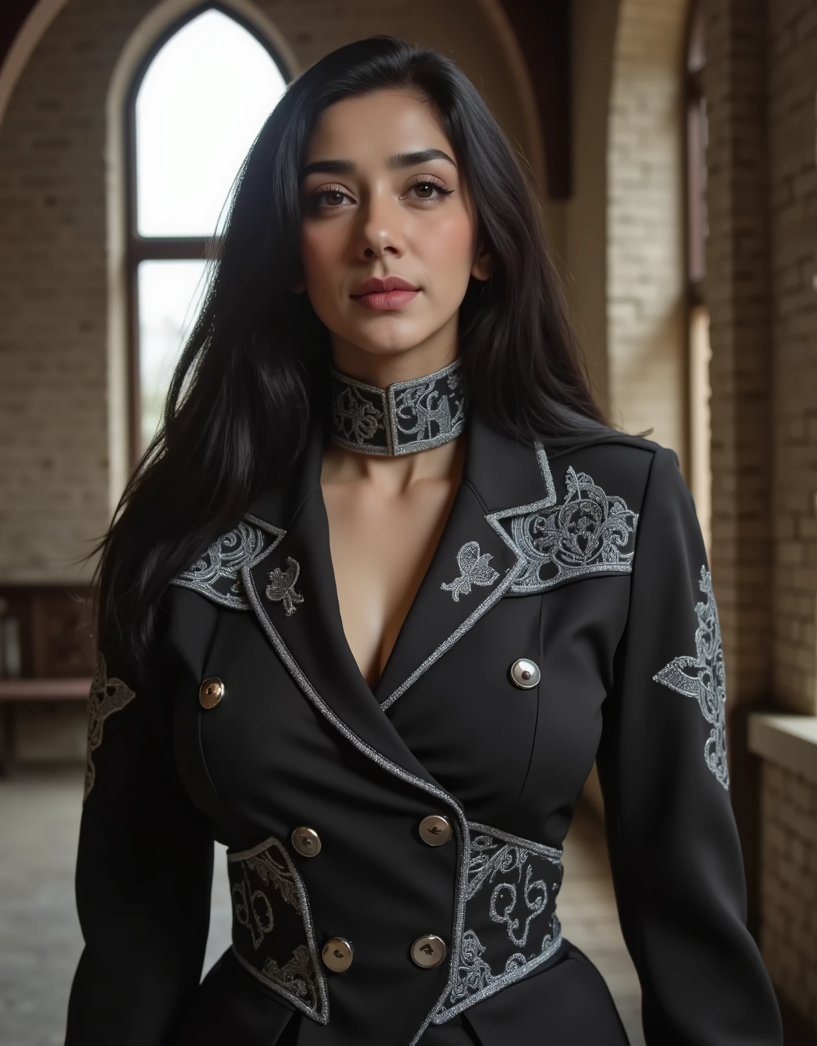 ((masterpiece, highest quality, Highest image quality, High resolution, photorealistic, Raw photo, Extremely detailed CG unified 8k wallpaper)), 1girl, solo, beautiful woman, 40yo, realistic skin texture, shiny skin, Millitary Barrack, Gothic magical girl uniform with corset-style blazer, silver trim, and enchanted runes embroidered on the sleeves uniform, gothic, magical school, corset, enchanted, fantasy fashion, dark academia