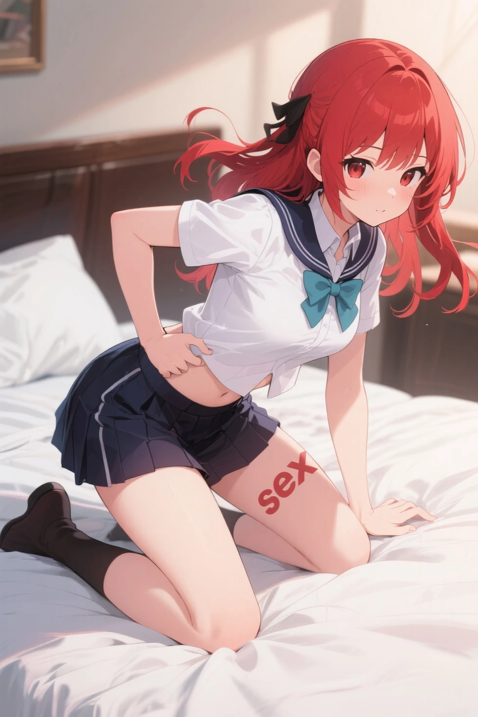 cinematic lighting, best quality, masterpiece, highres, detailed, perfect anatomy, nilou \(genshin impact\), on bed, see-through, oversized shirt, white shirt, bowtie, medium breasts, nipples under shirt, looking at viewer, standing, cowboy shot, lingerie panties, lying, on back