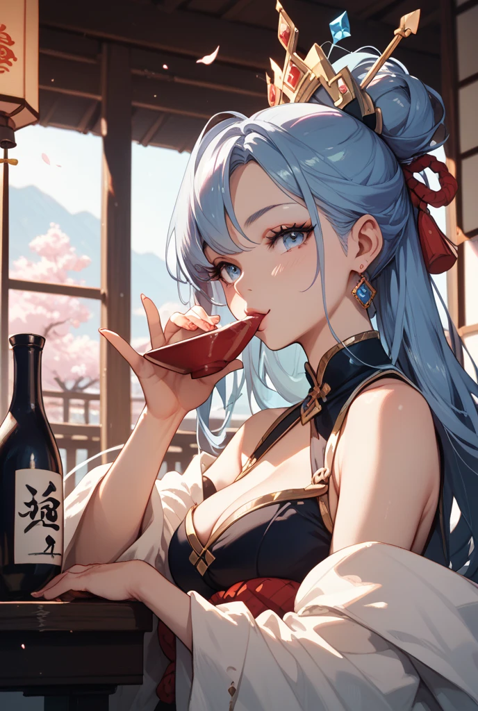 ganyu \(genshin impact\), torino aqua, solo, bottle, blush, masterpiece, best quality, drunk, whiskey, table, looking at viewer, cup,