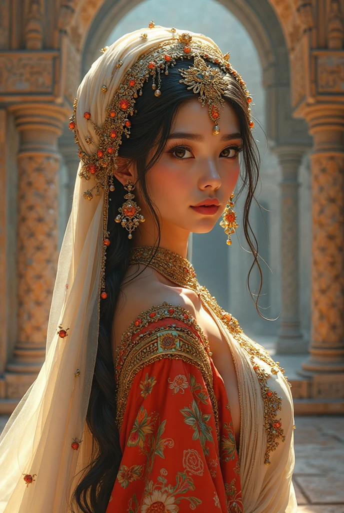 Indian thin princess wearing traditional cloth, slim body, small bosoms
