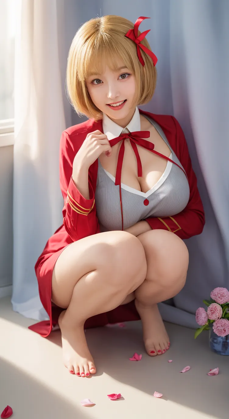 ((Korean Idols)) a blond eye glass Shorthair ((A MILF)) ((Fancy makeup)) Whip whip ((bright red lips)) ((white shirt))and red enamel tight skirt Sitting barefoot on your lap Turn your toes towards us sweaty and shiny face ((Aurora Borealis and the Great Snowfield)) Portrait Looking at the camera low angles Soft lighting ((Dressing))