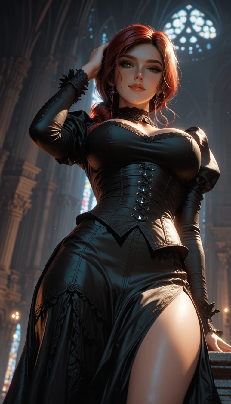 ginger hair, pirate, corset, long leg slit, skirt