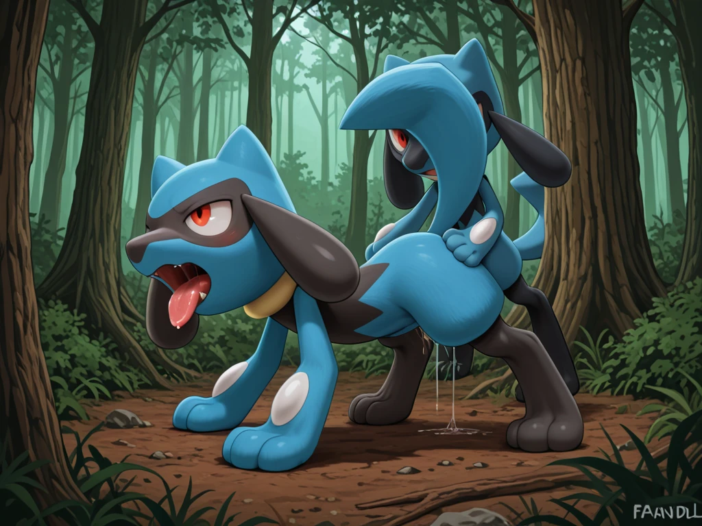 Pokémon、Lucario、Erect penis、Arms restrained behind the back、Kneeling、outside、 ((Trembling、A lot of semen、Intense 、))((((Huge penis))))