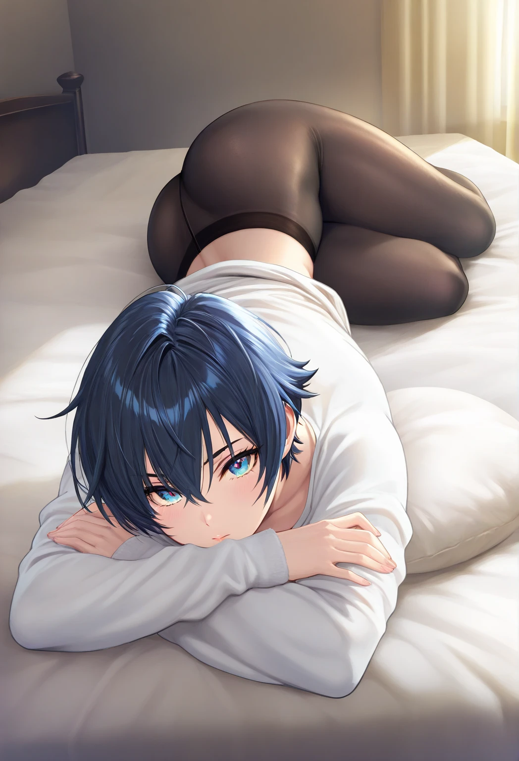score_9, score_8_up, score_7_up, score_6_up, score_5_up, score_4_up, 1girl, xenovia quarta, short hair, blue hair, , multicolored hair, yellow eyes, green hair, two-tone hair, streaked hair, large breasts, floox style, rating_explicit, floox style, high resolution, lying on side, surf the net, ,bedroom, DeepNegative_xl_v1, expressiveh, knees bent, black sweater, panties