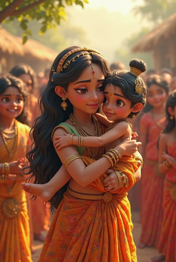 Create incinematic 3d image "• Mother lifting child: Yashoda lifting Gopi onto her shoulders, his face lighting up with joy and excitement as he prepares to break the Dahi-Handi.