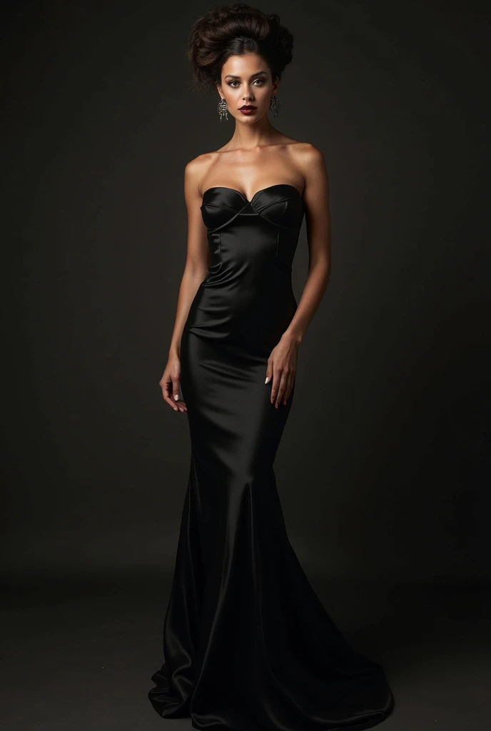 custom made black dress, with a deep V-neckline and a diamond necklace