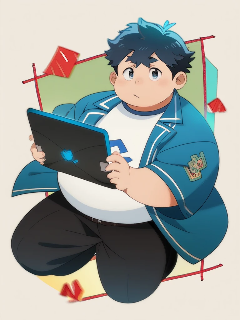 Full Body Blue, Body Noise-Sensing, as a computer folder, Wearing School Uniform,  chubby , cute, with a big belly to reveal clothes, junior high school student, Fatty,  No Glasses , With hair, Overweight, Big belly, anime style