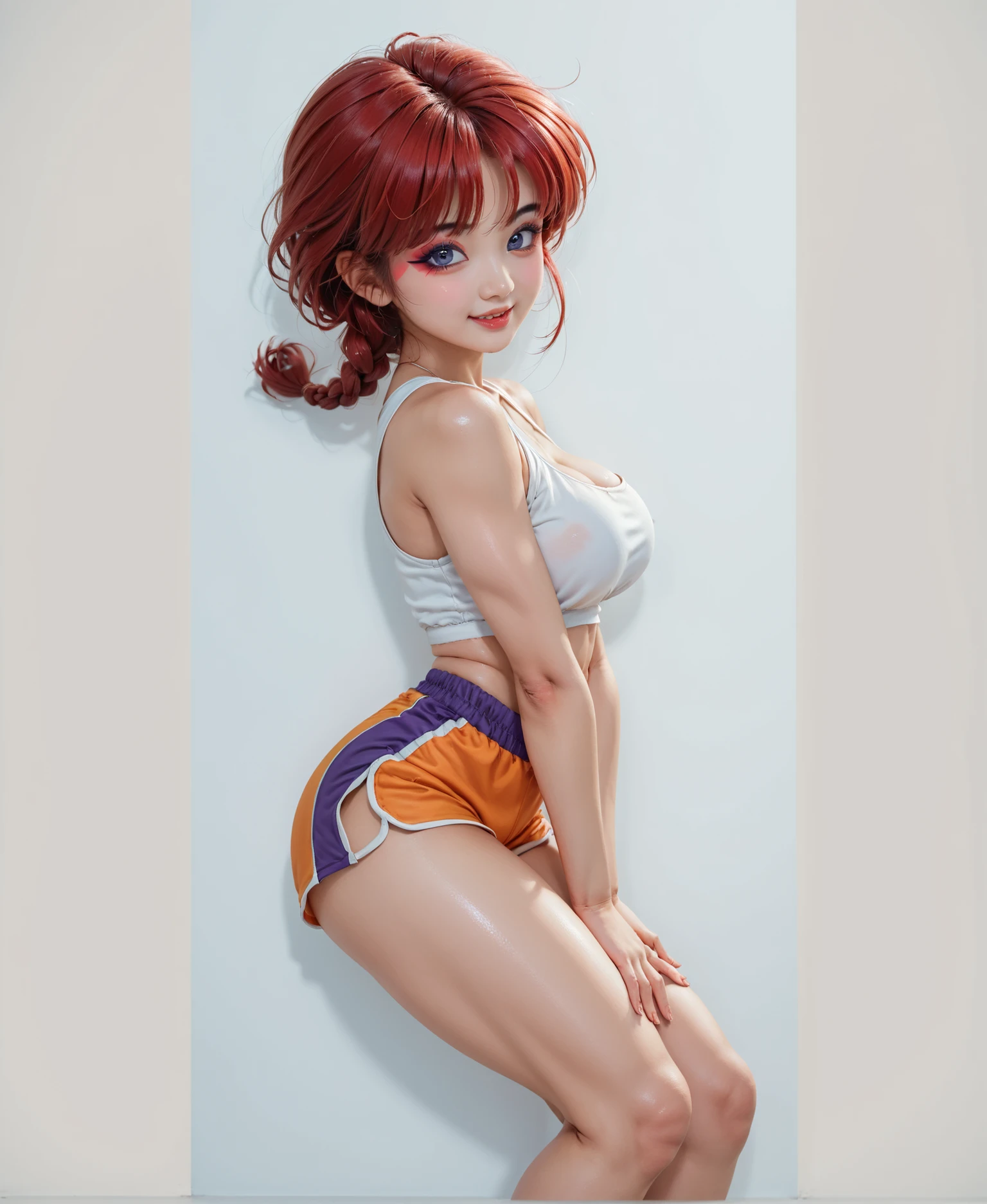 A very realistic photo of Ranma Chan: a beautiful young red-haired Asian or japanese girl and ager, she has white shiny skin, and a round face and soft cheeks without makeup, with a cheerful and friendly expression. She has large blue eyes with a sparkle that accentuates her expressiveness; tender and naughty. She has subtle eyeshadow and eyeliner makeup, and her mouth is slightly open in a flirtatious smile. She has deep red hair with a glossy finish, giving it a very silky and radiant appearance. The hairstyle consists of voluminous bangs that cover her entire forehead and fall in thick strands over her forehead to her eyes, and she has a single small thick braid that falls behind her neck starting at the nape of her neck. She is wearing a small orange sleeveless crop top; her shirt is very short and ends just below her bust, leaving her abdomen exposed. The top is somewhat tight and low-cut, highlighting the shape and silhouette of her big breasts. She is wearing ultra short purple sports-style shorts with yellow piping. Showing off her long, well-defined legs, she adopts a relaxed but slightly streamlined pose. She appears to be Ranma Saotome in his female form, with a shapely and voluptuous body. Her body has a narrow, feminine waist, but with wide hips and large buttocks. The portrait of a beautiful young Asian woman, photorealistic, HDR and ultra-detailed with vivid colors, The skin texture is realistic and delicate, and her facial features are beautiful and detailed, her body is toned and athletic.