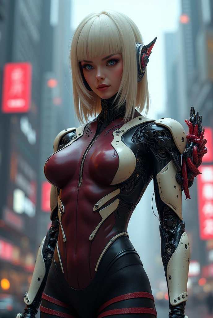 photo of young girl, ZentreyaCyborg, (ZentreyaCyborgBase), yellow eyes, short hair, mechanical horns, red bodysuit, mechanical legs <lora:ZentreyaCyborg:1.0> scifi, science fiction, cyberpunk