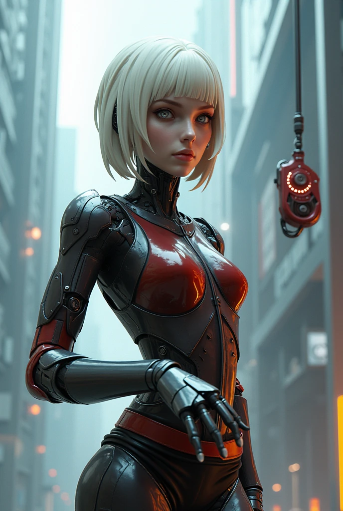 complex 3d render ultra detailed portrait of a beautiful porcelain young slim fit cyborg young woman with short brown hair, (toned abs), looking at viewer, (cyborg:1.3),((blue|red lights) and (carbon fibre|white robotic) parts:1.3), 150mm, masterpiece, luxurious cyberpunk, hyperrealistic, anatomical, facial muscles, octane render, elegant, (detailed face and eyes:1.2), detailed skin, face focus, smirk, petite, facing viewer, window with space station background, studio lighting, global lighting, vibrant details, peach eyes, absurdres, highres, 8k, CG ,unity ,wallpaper, (realistic, photo-realistic:1.37), cool silver