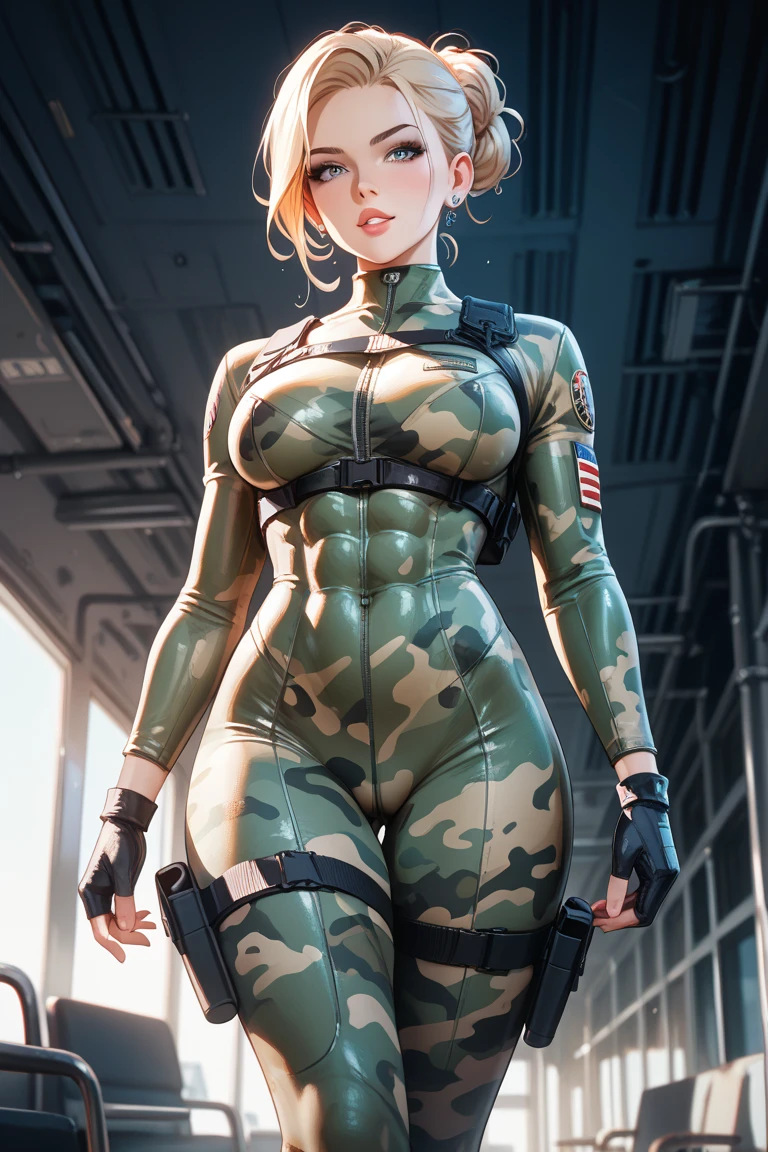 Daughter. short and blonde hair. very muscular, In a pilot uniform from the 70s TV series Battlestar Galactica. Shows her cameltoe.