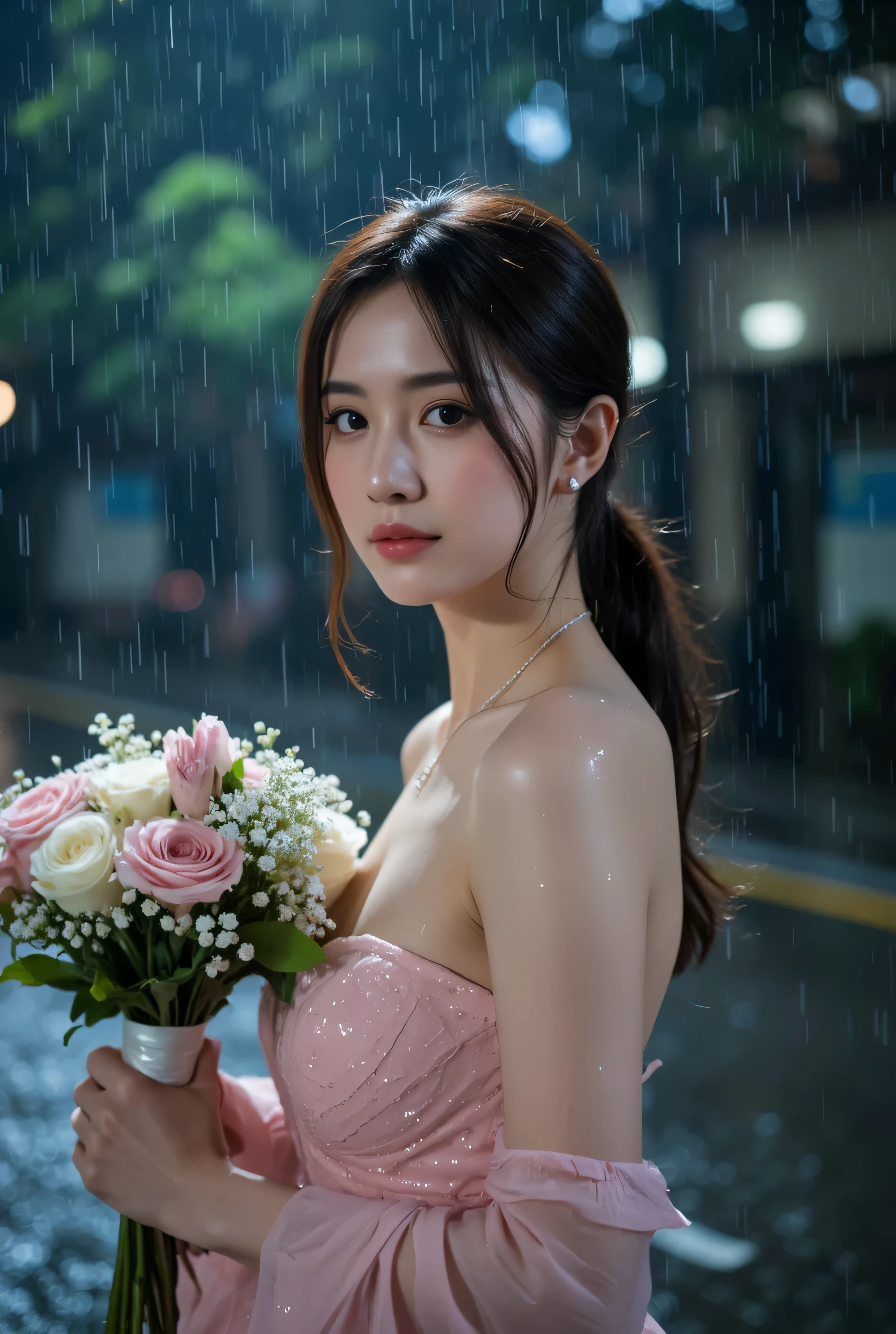(RAW shooting, Photoreal:1.5, 8K, highest quality, masterpiece, ultra high resolution), perfect dynamic composition:1.2, modern city, In front of the church at night:1.5, expression of sadness:0.5, (((Typhoon heavy rain))), Highly detailed skin and facial textures:1.2, Slim office lady wet in the rain:1.3, Fair skin:1.2, sexy beauty:1.1, perfect style:1.2, beautiful and aesthetic:1.1, very beautiful face, water droplets on the skin, (rain drips all over my body:1.2, wet body:1.2, wet hair:1.3), (Holding a wet bouquet:1.2, wet pink wedding dress:1.3), (Medium chest, Bra is transparent, Chest gap), (cry, lovelorn, The expression on your face when you feel intense caress, Facial expression when feeling pleasure), (beautiful blue eyes, Eyes that feel beautiful eros:0.8), (Too erotic:0.9, Bewitching:0.9), cowboy shot, necklace, earrings, bracelet