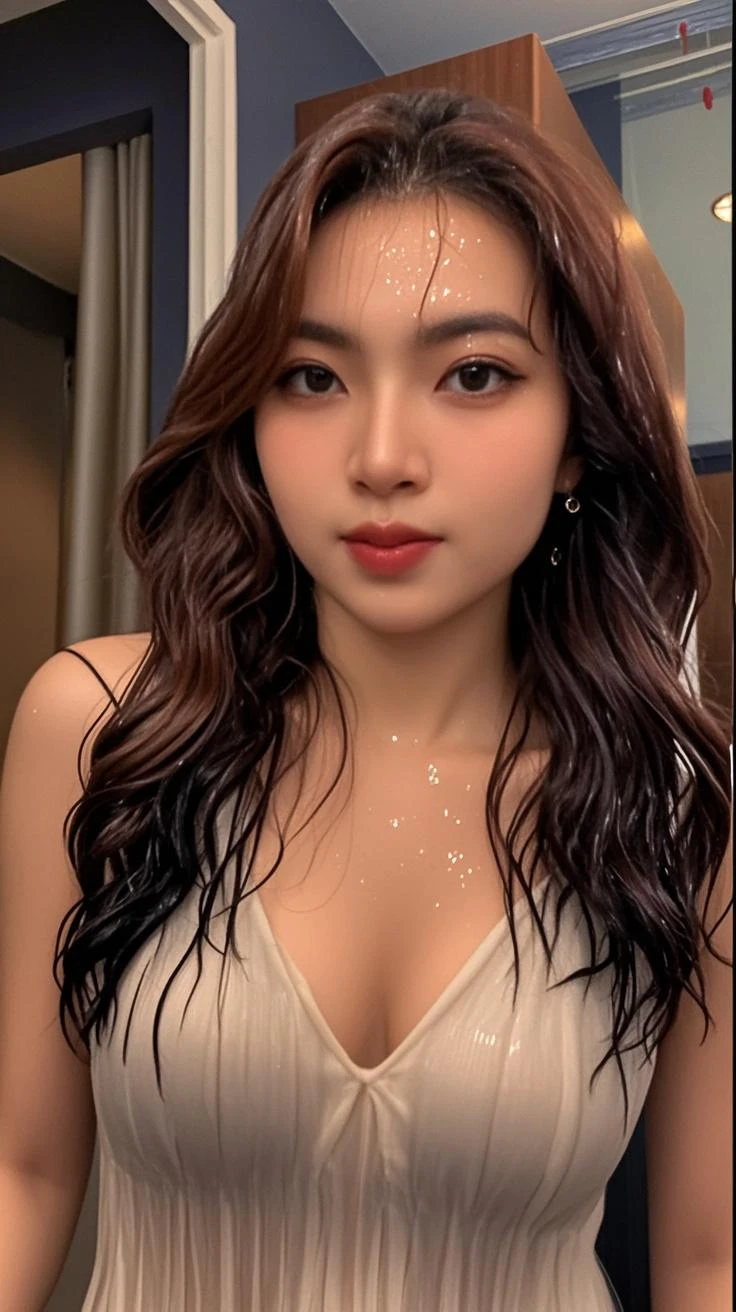 um close up de uma mulher usando um top marrom, Beautiful Asian girl, rosto sexy com maquiagem completa, asian features, Asian girl, Beautiful Asian woman, an Asian woman, 18 anos, asian beautiful face, Asian face, clear lips and high quality, Asian women, Modelo do Instagram, rosto extremamente bonito, Cara Sexy, beautiful aesthetic face