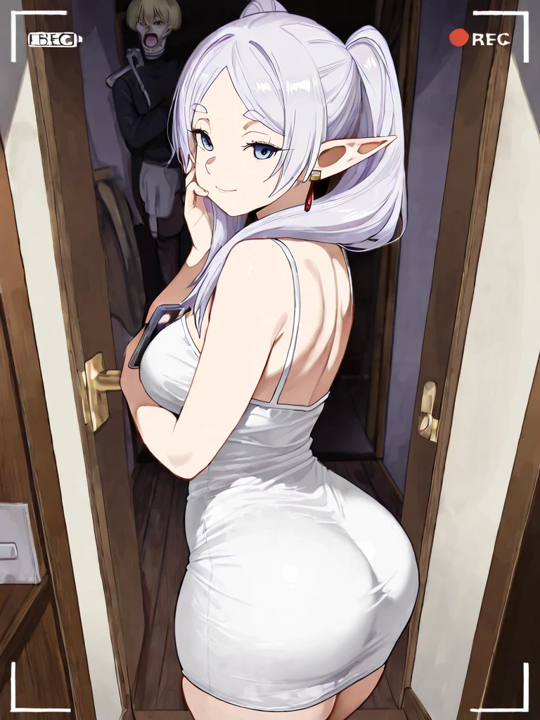 1girl, animal ears, tail, breasts, cat ears, ass, yellow eyes, underwear, cat tail, looking at viewer, bra, thighhighs, mirror, cat girl, panties, solo, maid headdress, , apron, reflection, ribbon, blush, bangs, tail ornament, bow, detached sleeves, white panties, garter belt, wet, white bra, sitting, indoors, bathroom, detached collar, holding, frills, bare shoulders, cleavage, hair ribbon, wrist cuffs, tail ribbon, animal ear fluff, thighs,frieren, long hair, twintails, (green eyes:1.5), grey hair, pointy ears, elf,