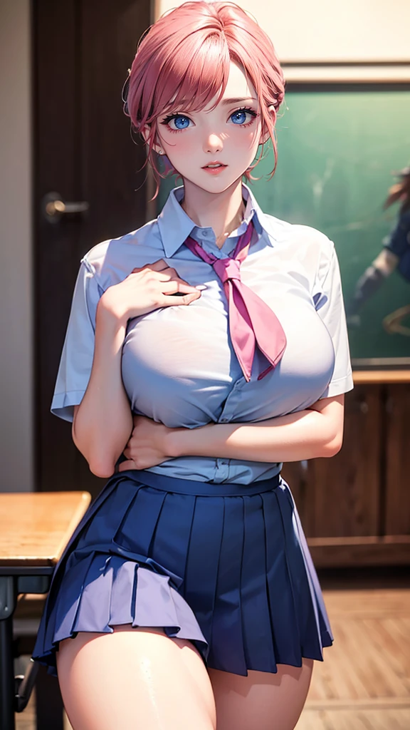(8k,Ultra-high resolution,Highest quality,masterpiece,Realistic,Ultra-high resolution,High-quality RAW color photos,Professional photos,Realistic,Realistic),Natural skin texture,Fine skin,Hyperrealism,Intricate details,Adult women,Eye highlights.Lip gloss,Glossy Lips,(Cute smile,hair,Dark blonde hair,bangs),(((gigantic breast,Big Breasts))),((Schoolgirl uniform,(White Cutter Shirt,Thong),gray pleated mini skirt,tie)),Urban area,((face focus,Staring at the audience)),(((((windy up skirt,Skirt fluttering in the wind,Panty shot,spread legs,Cute smile)))),See-through nipples)