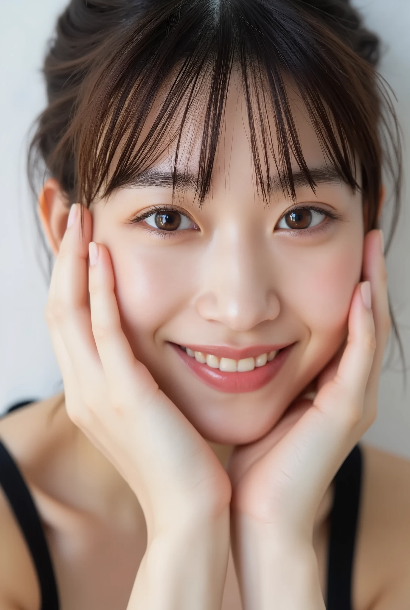 extreme close-up portrait, beautiful girl with her love-struck, radiant face filling the entire frame (95% face ratio), gently placing both open hands on her flushed cheeks with soft fingers, soft black camisole, white blurred background, eyes dreamy and half-lidded, deeply adoring gaze fixed straight at the viewer, irises ultra-detailed with intricate rainbow reflections and glowing catchlights, moist and sparkling eyes as if about to tear up from overwhelming joy, soft melting smile revealing slightly parted lips and upper teeth, skin with visible soft pores, realistic skin texture with warm lighting and subtle shadows, delicate eyelashes, glossy lips with natural highlights, cheeks glowing with deep blush, cinematic soft lighting, lifelike expression full of romantic euphoria, overflowing with happiness, warmth, and pure affection, subtly tilting her head as if whispering a name in total bliss, ultra photorealistic, masterpiece, 8K, hyperreal detail, skin pores, detailed iris texture, cinematic mood