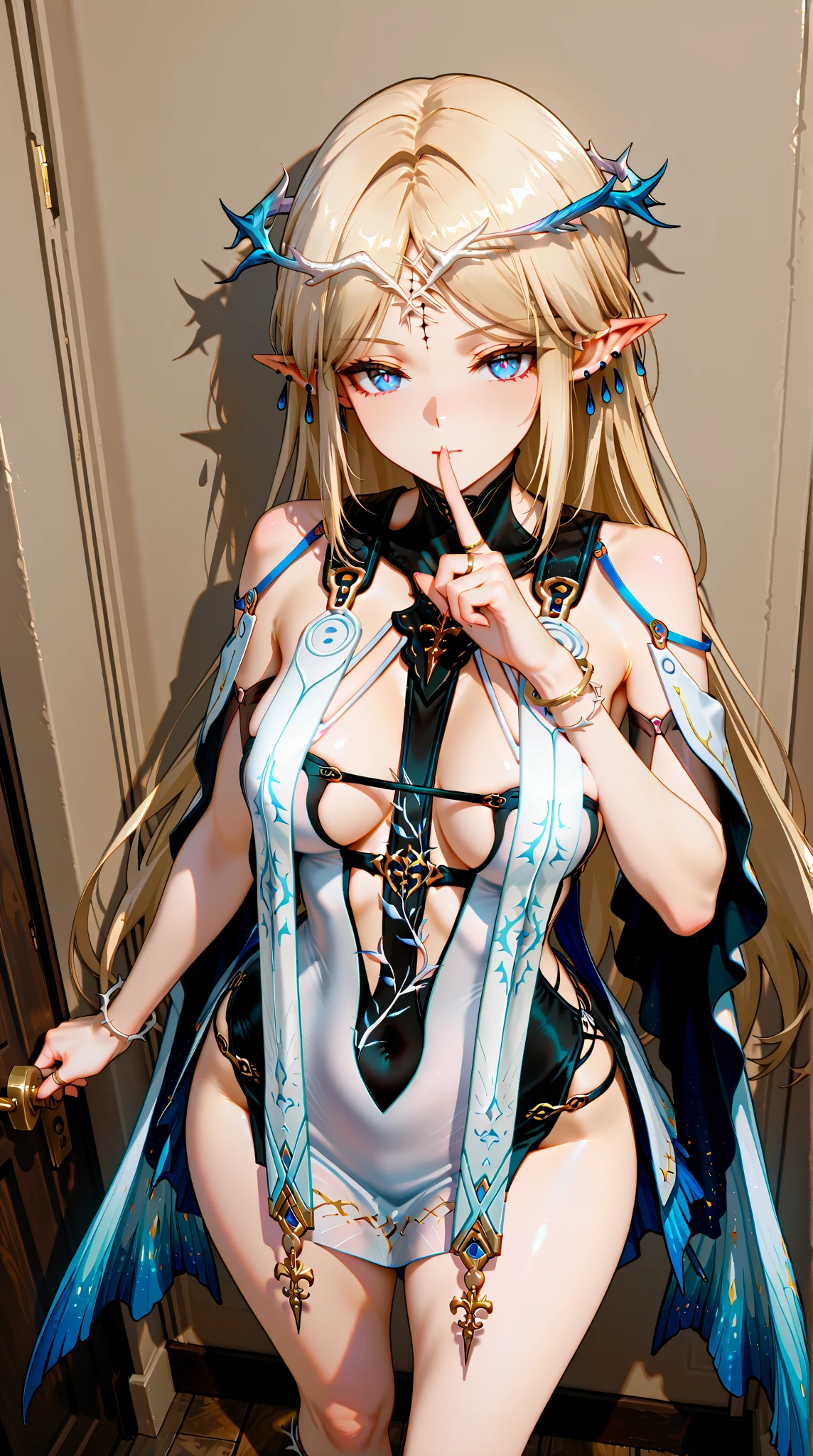 super high image, super detail, super high resolution, anime, manga, illustration, Japanese beautiful elf, blonde glossy french braid hair, sparkling shocking pink big eyes, red alluring moist thick lips, ecstatic expression, amorous expression, seductive look, large breasts, under boob, side boob, abs, great proportion, perfect proportion, slender, full body, tattoos, see-through lace robe, transparent, background fantasy, magic circle, give off rainbow and gold neon light many lines radially from floor and ceiling, professional lighting