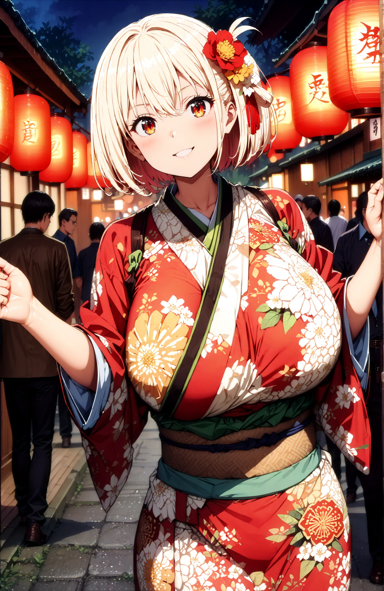 score_9, score_8_up, score_7_up, source_anime,
Nishikiki Chisato,solo, short hair, bungs, Gold, red eyes, one side up, bob cut,Big Breasts,flower hair ornament with ears, red flower pattern kimono,standing,smile,blush,grinning,Light up fireworks,Red Lantern,Japanese stalls ,night,crowd,in their 40s looking at viewer,full body,
in their 40s outdoors, Japanese Festival,
in their 40s (masterpiece:1.2), best quality, high resolution, Unity 8Kの壁紙, ( 's art :0.8), (beautiful detailed eyes:1.6), very detailed face, perfect lighting, Highly Detailed CG, (perfect hand in h, perfect anatomy),