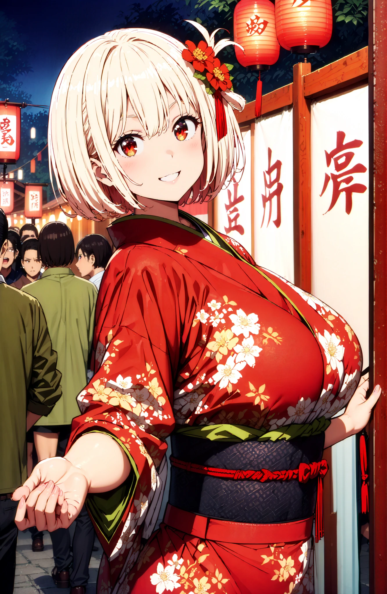 score_9, score_8_up, score_7_up, source_anime,
Nishikiki Chisato,solo, short hair, bungs, Gold, red eyes, one side up, bob cut,Big Breasts,flower hair ornament with ears, red flower pattern kimono,standing,smile,blush,grinning,Light up fireworks,Red Lantern,Japanese stalls ,night,crowd,in their 40s looking at viewer,full body,
in their 40s outdoors, Japanese Festival,
in their 40s (masterpiece:1.2), best quality, high resolution, Unity 8Kの壁紙, ( 's art :0.8), (beautiful detailed eyes:1.6), very detailed face, perfect lighting, Highly Detailed CG, (perfect hand in h, perfect anatomy),