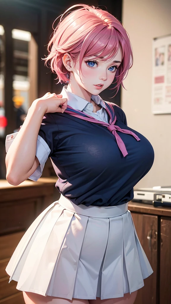 (8K), (Highest quality: 1.2), (Realistic), (Realistic: 1.37), Ultra high resolution, One girl, Cute, (Embarrassed smile: 1.2), (Blushing: 1.4), Closed mouth, Beautiful details, Beautiful nose, Wet hair, Huge dulce, Large breasts, Plump thighs, Exposed navel, University student uniform, Simple blue blazer, Blue pleated skirt, Platform boots, Dancing on school stage, (Shiny thighs: 1.2), Short hair, Exposed cleavage, Sweat-drenched, Round face,