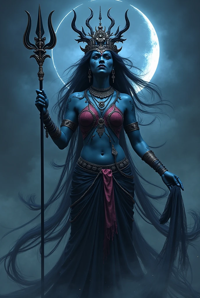 painting of a sophisticated beautiful goddess Kali with (((blue skin))) and (((six arms))), dancing in fire, necklace of skulls, long hair, hands in blood, long sharp nails, in full growth, background of the horned moon, (((dynamic model pose))), starry sky, dark heavy clouds, soft lighting, dark atmosphere, cinematic scene, volumetric lights, ultra realistic, in the style of nicola samori