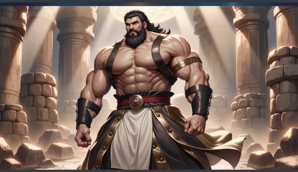 A burly, virile, and extremely hairy man who exudes an overwhelming sense of power and masculinity. His body is overmuscular and musclebound, with bulging veiny muscles that seem to strain against his skin. Broad shoulders and a wide chest adorn his massive frame, while his arms and legs are overly thick and defined, making him appear incredibly strong and imposing. His thick body gives him a hulking figure, with swelling muscles that seem to burst from every angle. The man sports a long, bushy beard and a thick mustache, adding to his rugged and masculine appearance. His grey hair only serves to further emphasize his age and experience, yet it does nothing to diminish his intimidating presence. His square-jawed face is set in a stoic expression, conveying determination and strength of character. Dressed only in a loincloth that struggles to contain his massive physique, this virile, hairy man stands tall and proud, exuding an aura of raw masculinity and unbridled power.