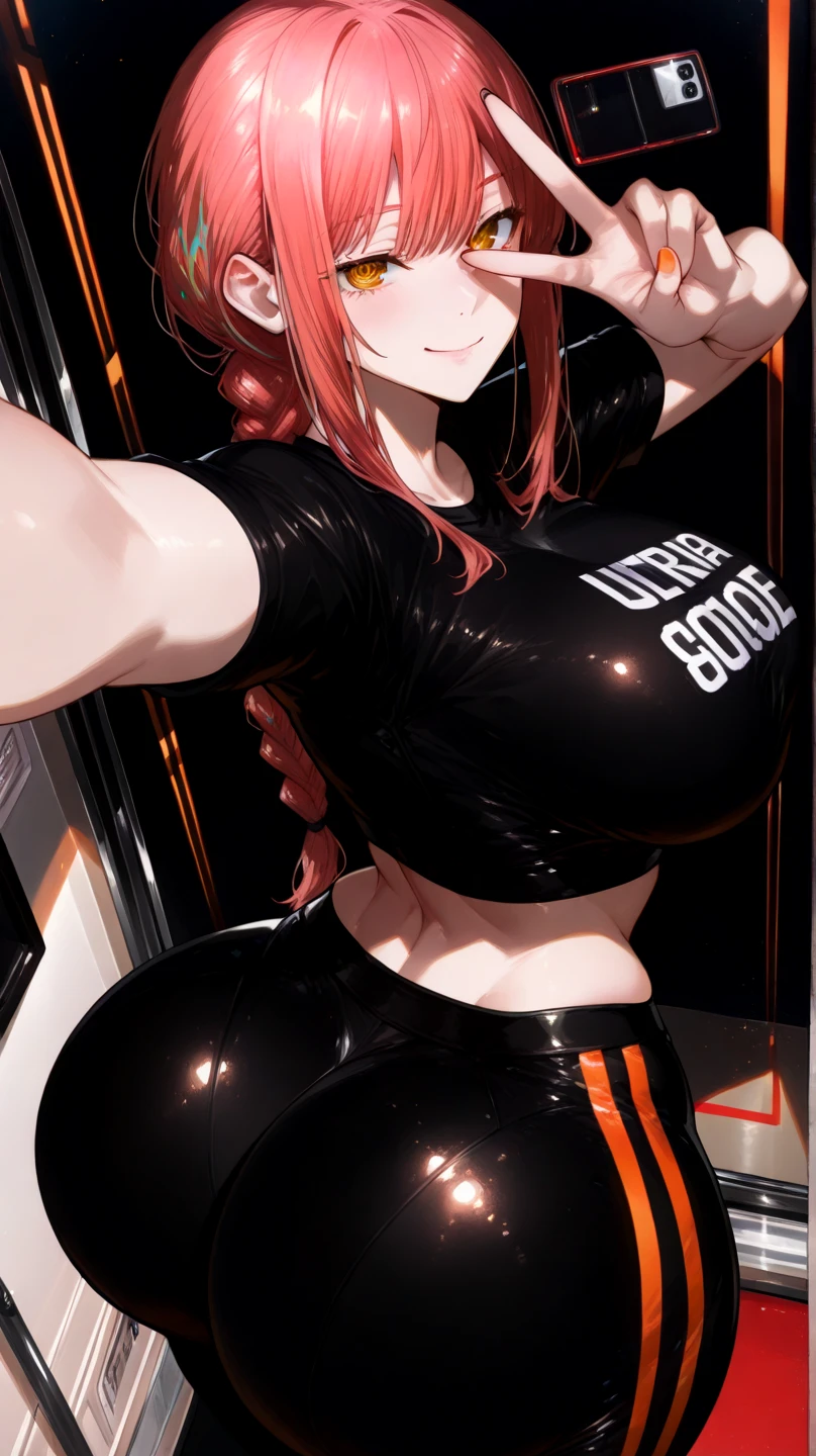 1 woman milf “"Giant breasts" + "large rear" + "wide hips" + "plump thighs" + "red eyes" + "(white star pupils)" + (("serious expression")) + "Long red Hair in a ponytail" + "Red Lips" + "Lucious Lips"”)}, {“Outfit”: short gym shorts, black tight crop top and sneakers})