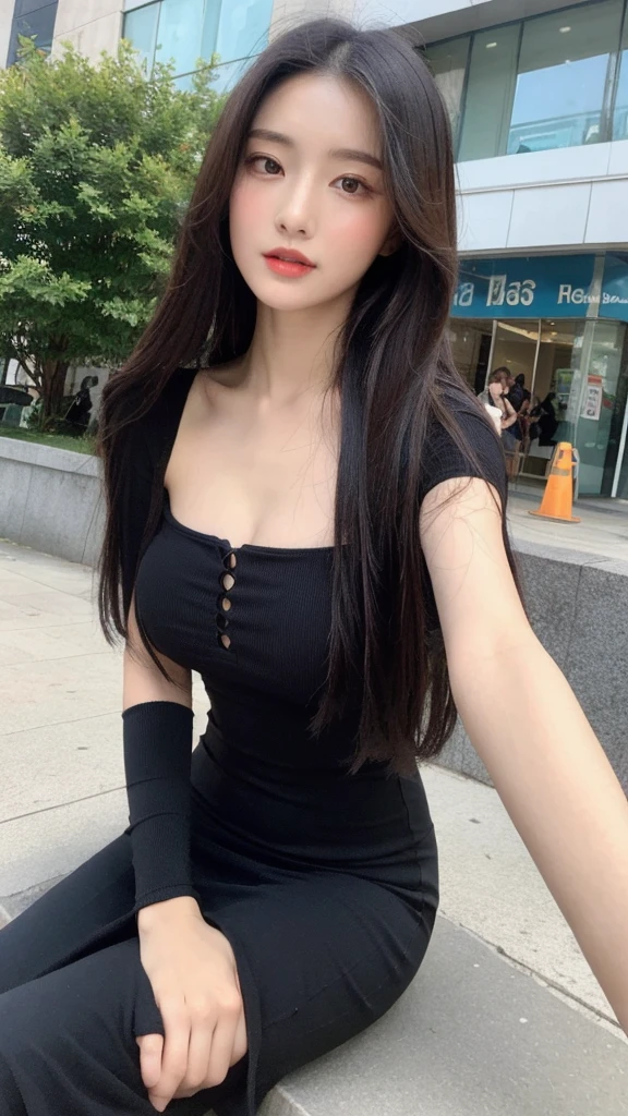 ((Best picture quality, 8K, tmasterpiece: 1.3)), self-shot, Sharp focus: 1.2, A cute beauty with a perfect figure: 1.4, Slim big breasts, ((Brown hair black)) , (Small flesh-colored dress，Highly detailed face，Happy expression，standing on your feet：1.2），（（A city with blue skies and white clouds，At the cafe：1.3. Produced with a major focus on women）），Highly detailed facial and skin texture，Detailed eyes，二重まぶた