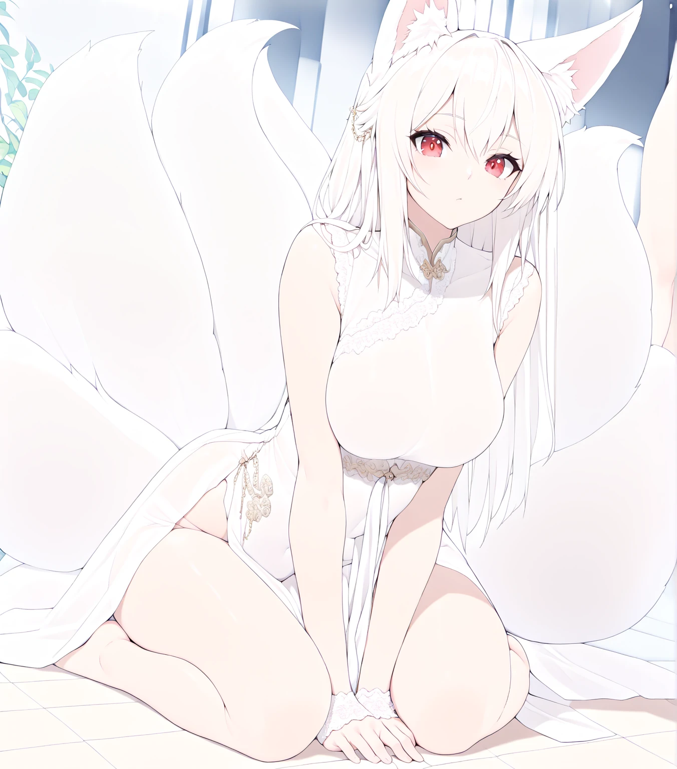 Naked, without clothes, white hair, white fox ears, a large fluffy white tail, a white open robe, white sneakers, a cherry tree in the back. Woman, solo