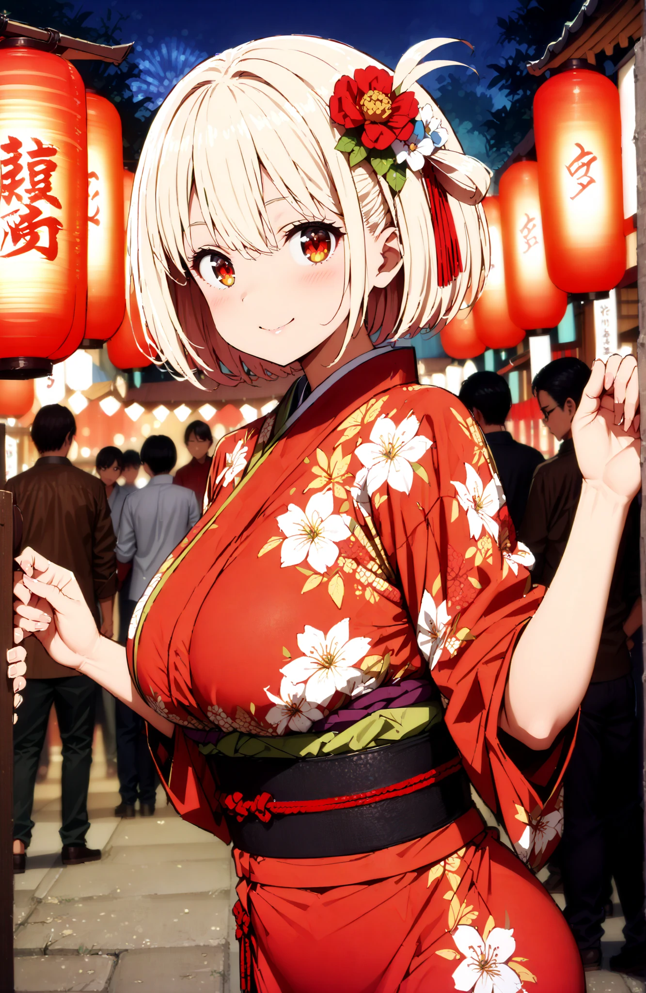 score_9, score_8_up, score_7_up, source_anime,
Nishikiki Chisato,solo, short hair, bungs, Gold, red eyes, one side up, bob cut,Big Breasts,flower hair ornament with ears, red flower pattern kimono,standing,smile,blush,grinning,Light up fireworks,Red Lantern,Japanese stalls ,night,crowd,in their 40s looking at viewer,full body,
in their 40s outdoors, Japanese Festival,
in their 40s (masterpiece:1.2), best quality, high resolution, Unity 8Kの壁紙, ( 's art :0.8), (beautiful detailed eyes:1.6), very detailed face, perfect lighting, Highly Detailed CG, (perfect hand in h, perfect anatomy),