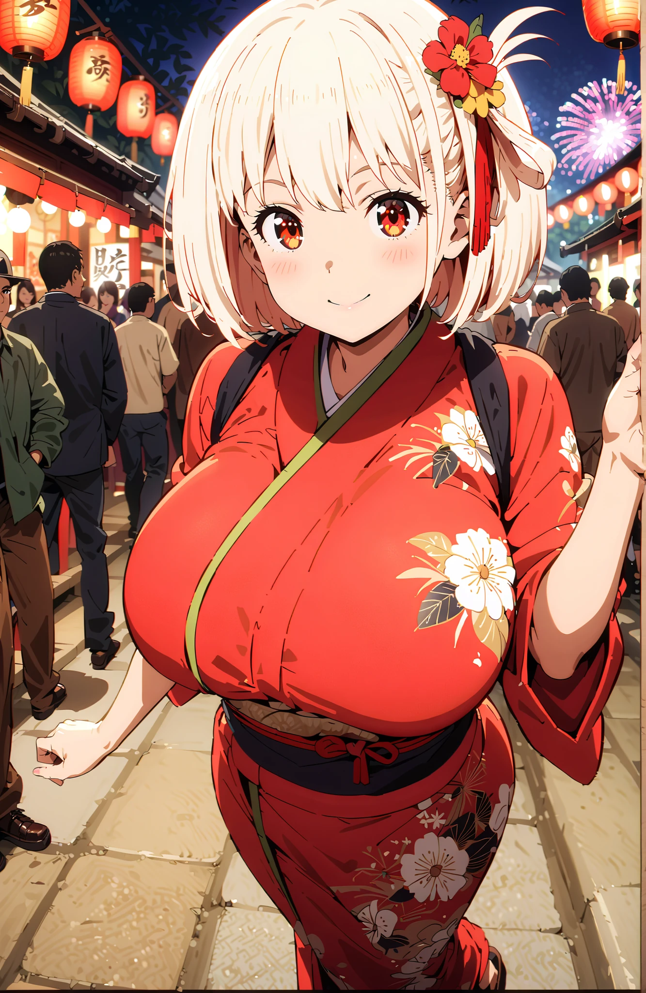 Nishikiki Chisato,solo, short hair, bungs, Gold, red eyes, one side up, bob cut,Big Breasts,flower hair ornament with ears, red flower pattern kimono,standing,smile,blush,grinning,Light up fireworks,Red Lantern,Japanese stalls ,night,crowd,in their 40s looking at viewer,full body,
in their 40s outdoors, Japanese Festival,
in their 40s (masterpiece:1.2), best quality, high resolution, Unity 8Kの壁紙, ( 's art :0.8), (beautiful detailed eyes:1.6), very detailed face, perfect lighting, Highly Detailed CG, (perfect hand in h, perfect anatomy),