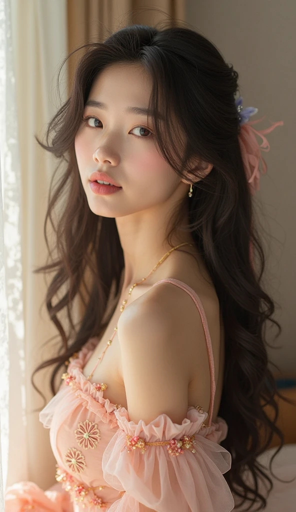 in bathroom,Wet pubic hair,Charming eyes,Heartwarming action,Turn your face away from the camera,stooped,Bend over,turn back,Look up at your head,transparent silk pajamas ,thick long hair,Highly detailed body,Highly detailed face,best qualtiy,(Pink bra),(Off-shoulder open-front translucent blouse),