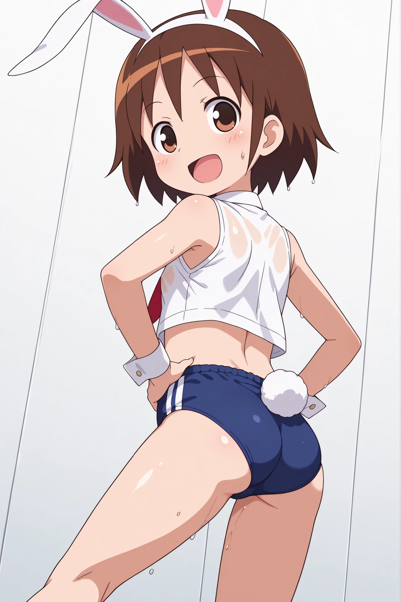 (((anime style))),nsfw,score_9, score_8_up, score_7_up, source_anime,yasuna oribe,1girl, ((solo)),((((two lines blue buruma)))),((((white business shirt)))),((sleeveless)),((wet clothes)),nipple,((red tie)),((white Bunny's ears headband)),Bunny's Tail,((Cufflinks)), (hands on hips), (happy),(((crop top))),((((back shot)))),(((contrapposto))),((little butt)),(low angle),
,(looking back),((open mouth smile)),(((> <))),(wink)
,(looking at viewers),((((knee)))),