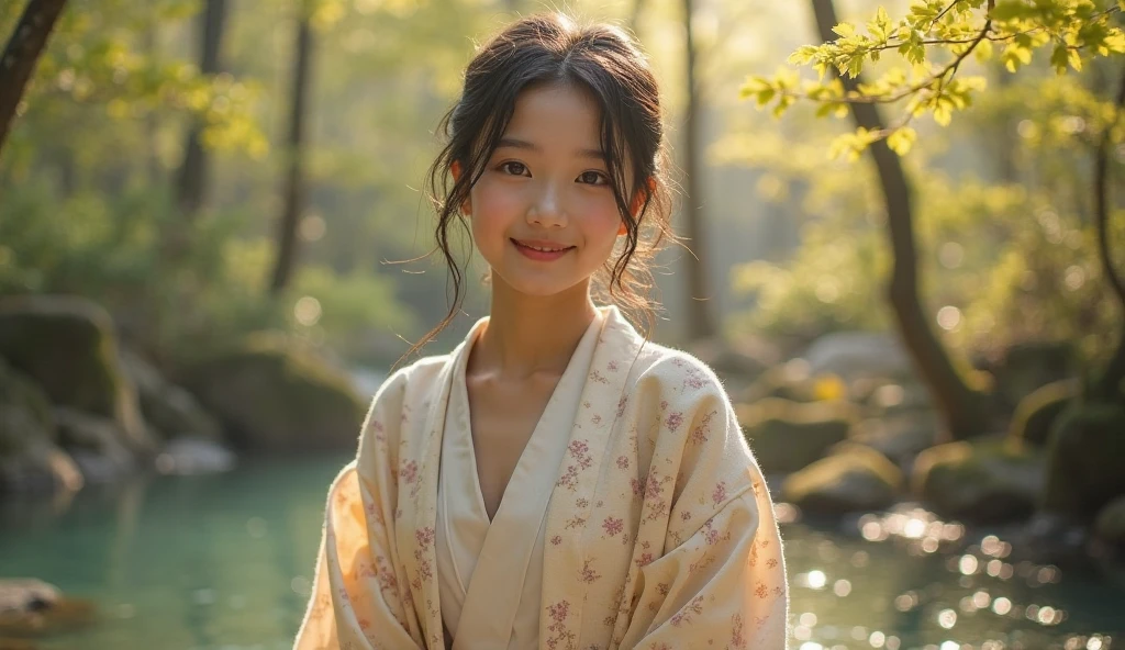 10A 10 years old Japanese girl in a kimono, standing under a weeping willow tree, smiling, beautiful detailed eyes, beautiful detailed lips, extremely detailed eyes and face, long eyelashes, photorealistic, portrait, natural lighting, muted color palette, cinematic composition, soft focus, masterpiece