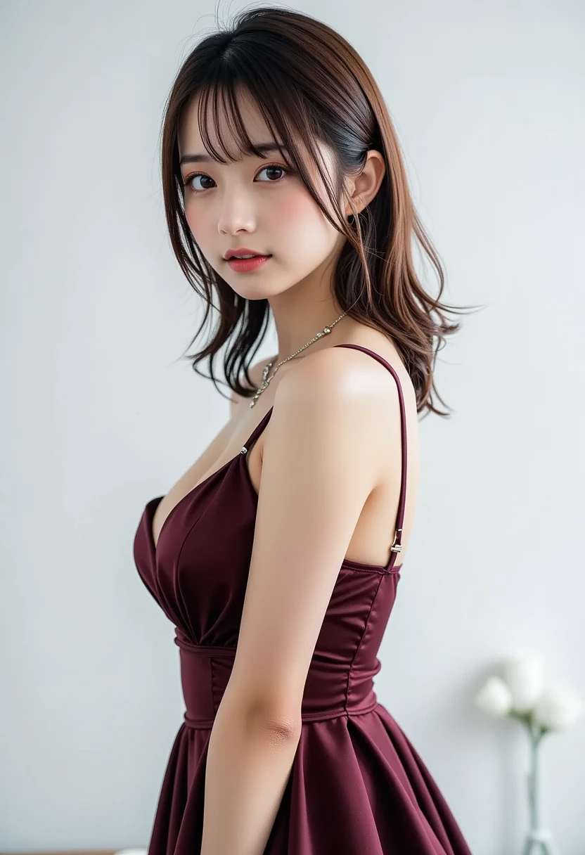 Top-quality Realistic,Official art,Highly detailed CG Unity 8k wallpaper,ultra-detailliert,hight resolution,Physically-based rendering,Magnificat,finely detail,masterpiece,Best Quality,ultra detailed,Mature beauty,Beautiful girl,1girl,moist lips,sexy lips,Sexy smile,Gentle smile, 20 years old, Beautiful bare skin,Smooth bare skin, big well-shaped breasts,beautiful and erotic cleavage,Mature body,swept bangs,(Medium hair:1.3), beautiful detailed eyes,model shoot style,Japanese Idol,beautiful girl,Half-body,(in luxury bar lounge),BREAK,NSFW, ((RED strapless school swimsuit:1.3)),standing model pose,(Extreme close-up to face),Delicately expressed eyes,cute smile,shoot from below,armpit