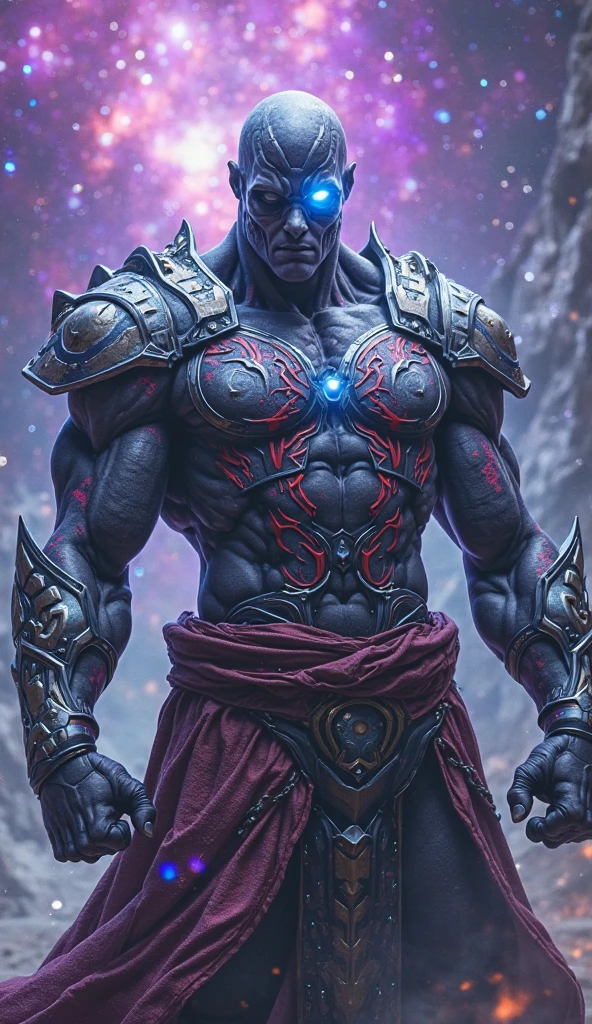 A man having ten head he is strong warrior and light in blue and red in background and promt write RA.ONE in capital in back of character dangerous look wallpaper