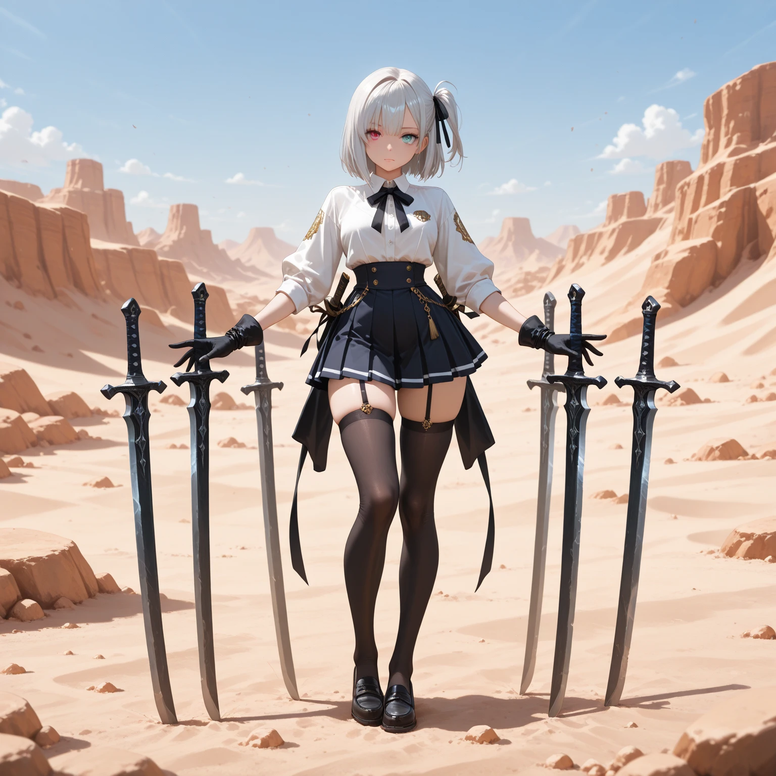 I want to draw a young female anime character with short gray hair braided in the back and sharp red eyes. She is wearing a short skirt with a long dress in the back, a black crop top decorated with various belts and gold jewelry, brown leggings, high heeled boots, and a black beret, with a view of a snowy field
