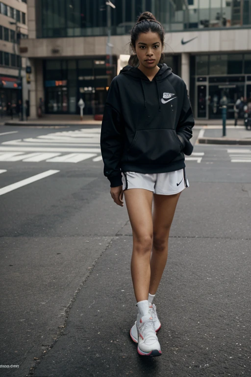 parted_Bun hair, female, sporty fashion,Photo shoot, 도시 standing on the street, elegant girl, standing on the street, Fashion Shoot 8K,