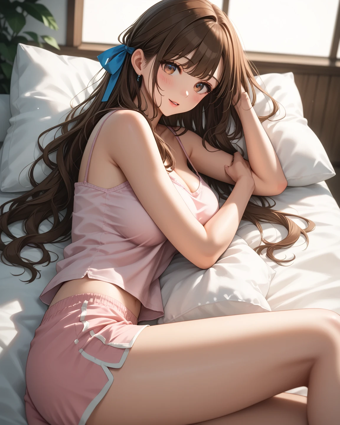 Brown long-haired。I'm in bed。I'm blushing。Looking from above。wearing underwear。Cute