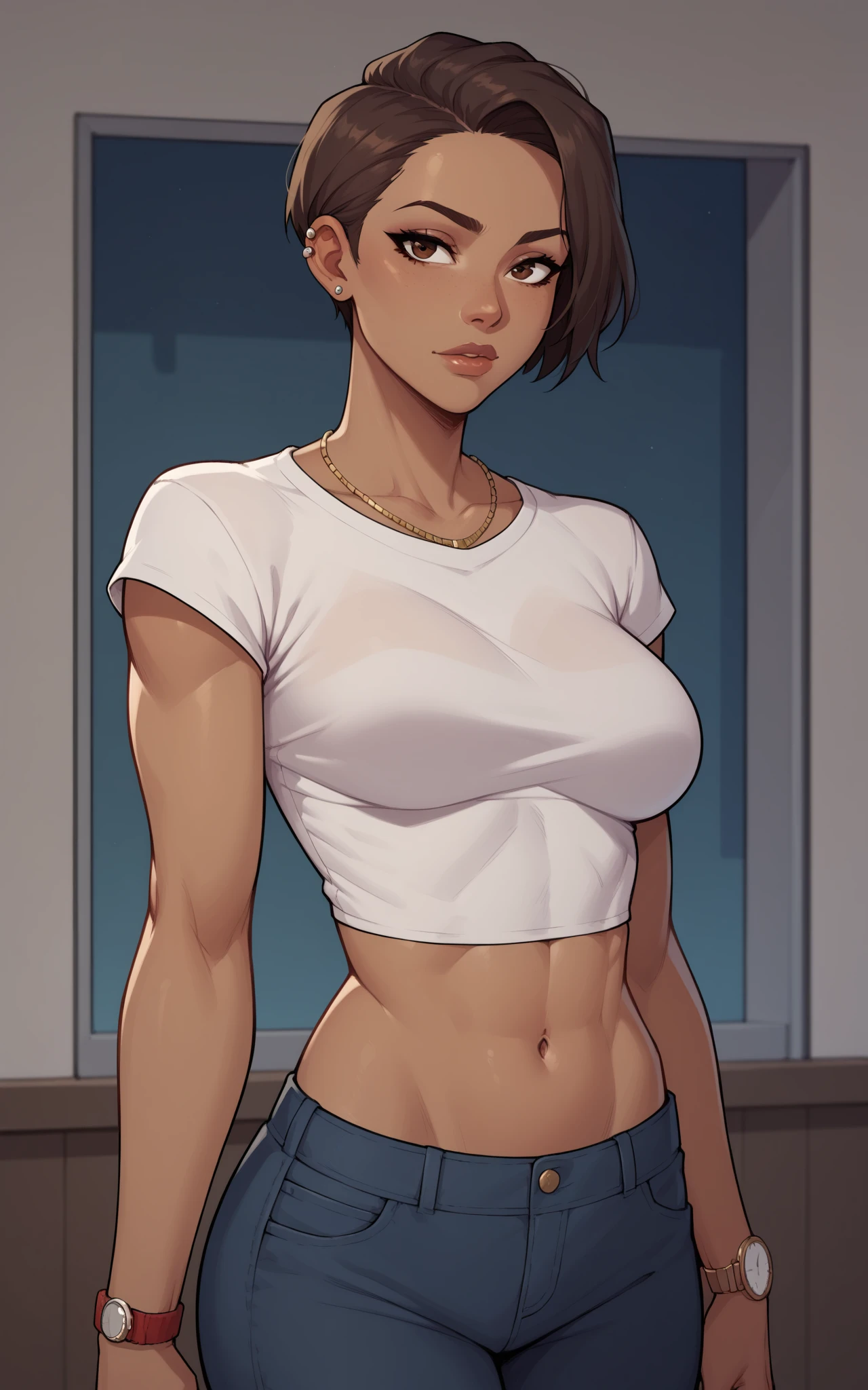 photo of mlp Meowko, RAW, beautiful woman, ((portrait)), ((detailed face:1.2)), ((anime face, anime facial feature, clear skin, glossy anime lips, clear skin), (short messy lesbian haircut, brunette: 1.55),  (perfect proportioned body, Strong, muscular, narrow waist, narrow hips, skinny, large breasts), looking down at her, (she is wearing an oversized baggie t-shirt, harem pajama pants) lying in bed, lying down, head on pillow, (realistic photo, best quality, detailed), (8k wallpaper), (cinematic lighting, beautiful light, (noon:1.3)) (sharp focus, intricate)