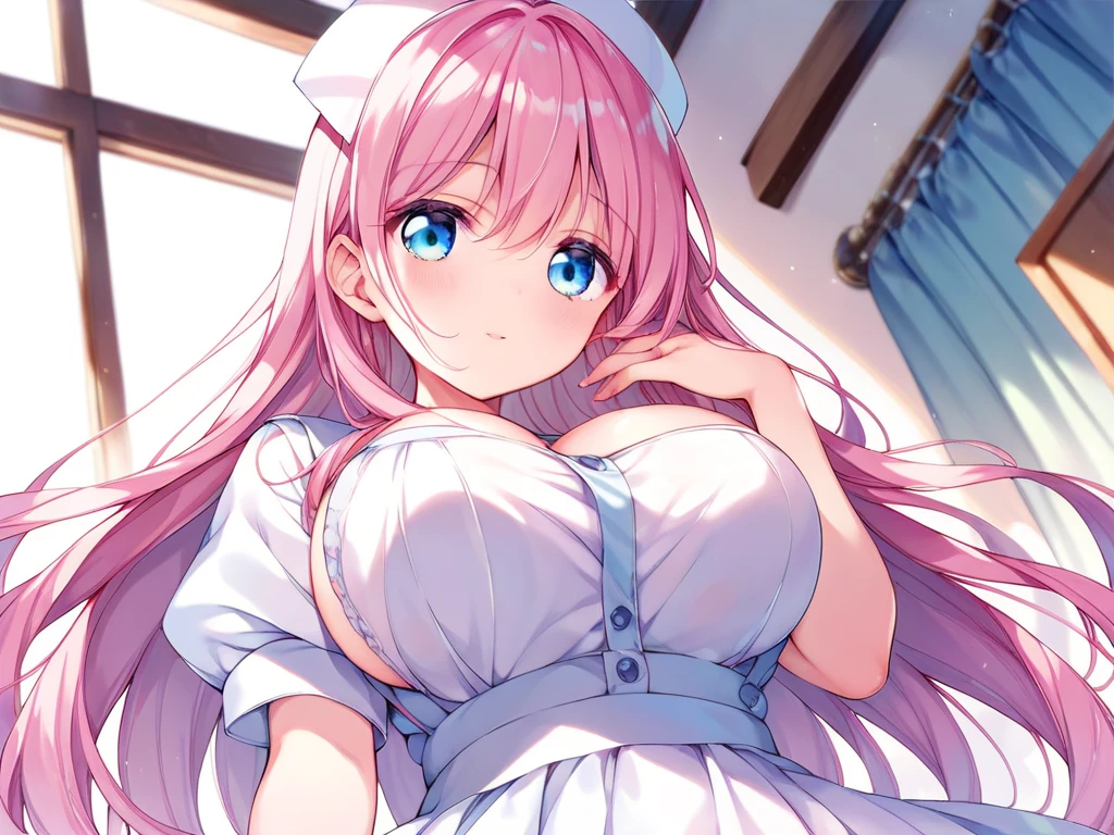 凛としたbeautiful girl、Pink Hair、Super Long、Blue Eyes、Slightly larger breasts、Gentle expression、beautiful girl、Cute high school girl、cute nurse、Nurse's Angel