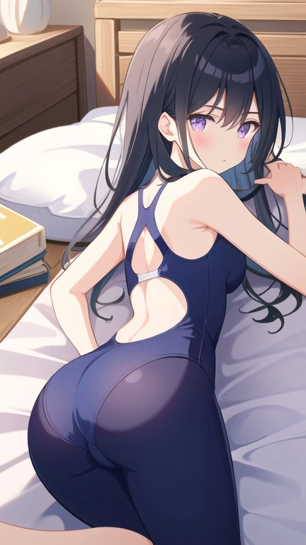 large breasts、wet.arms、looking at viewer、cowboy sot,(((overhead shot)))), ((((1girls/2boys))), spoken 〇〇、nsfw, penis, pussy, under boob,erect nipples present in the indoor pool,Sex between men and women、sketch、Purple Hair、She has a small ribbon on her head、Big Tits、doggystyle
